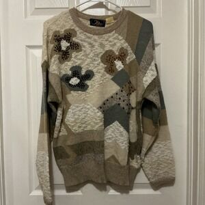 Mariea Kim Wool Blend VTG Sweater L  80's Beaded Floral‎ Neutral Gray Cream